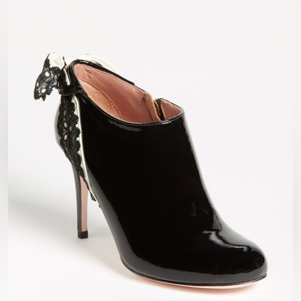 RED Valentino Black Patent Leather Lace-Accent Ankle Booties